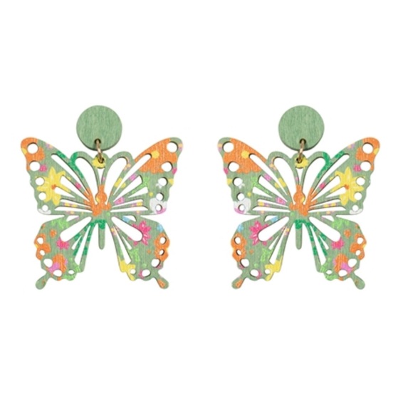 None Jewelry - NWT Butterfly Shaped Wood Dangle Pierced Earrings in Light Green!